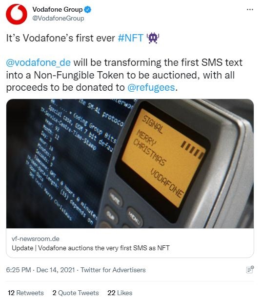 英國(guó)沃達(dá)豐公司也表示，計(jì)劃將拍賣所得全部捐贈(zèng)給聯(lián)合國(guó)難民署，以支持那些被迫逃離家園的人。(圖片來源：英國(guó)沃達(dá)豐公司社交媒體截圖)