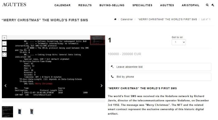 法國(guó)阿古特拍賣行網(wǎng)站上，世界第一條短信的拍賣信息。圖片來源：阿古特拍賣行網(wǎng)站截圖