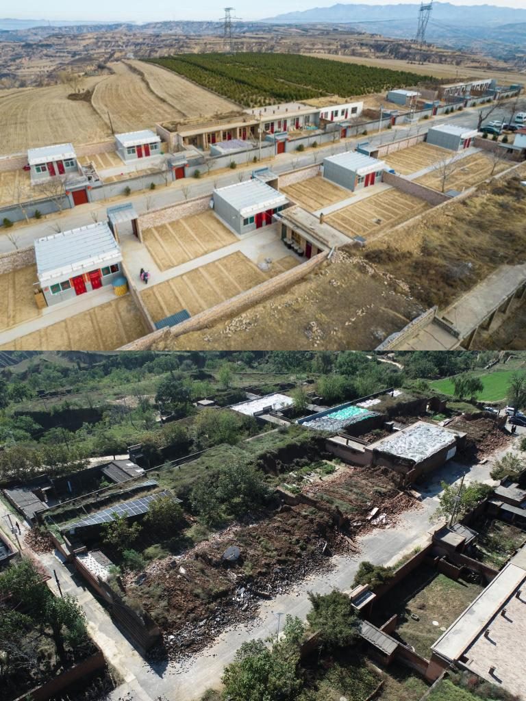拼版照片，上圖是2022年1月山西省霍州市師莊鄉(xiāng)馮南垣村災后恢復重建后的場景，下圖是2021年10月村莊因災受損的場景。(霍州市委宣傳部供圖)