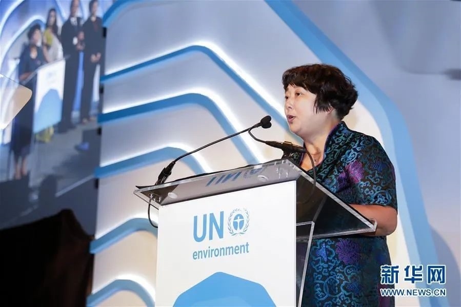2018年9月26日，聯(lián)合國環(huán)境規(guī)劃署“地球衛(wèi)士獎”頒獎典禮在美國紐約舉行，浙江省安吉縣遞鋪鎮(zhèn)魯家村村民裘麗琴在頒獎儀式上發(fā)表獲獎感言。新華社記者 李木子 攝