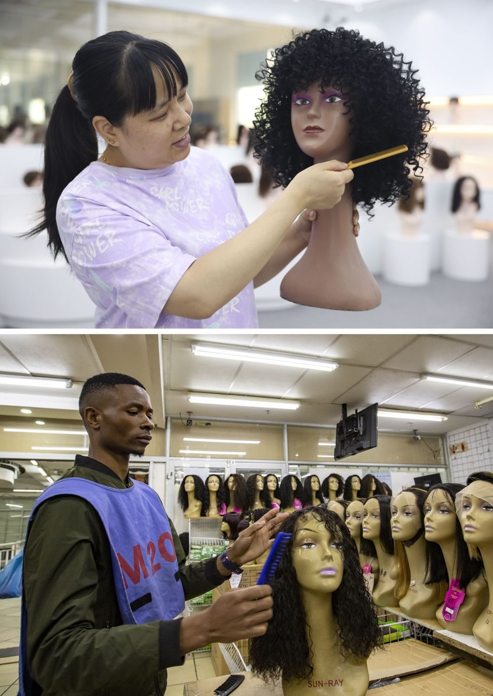 拼版照片：上圖為2023年5月25日，工人在湖南邵陽陽光發(fā)品有限公司展廳展示假發(fā)（新華社記者薛宇舸攝）；下圖為2023年6月9日，一名店員在湖南邵陽陽光發(fā)品有限公司位于南非約翰內(nèi)斯堡的店鋪內(nèi)展示假發(fā)（新華社記者張譽(yù)東攝）。新華社發(fā)