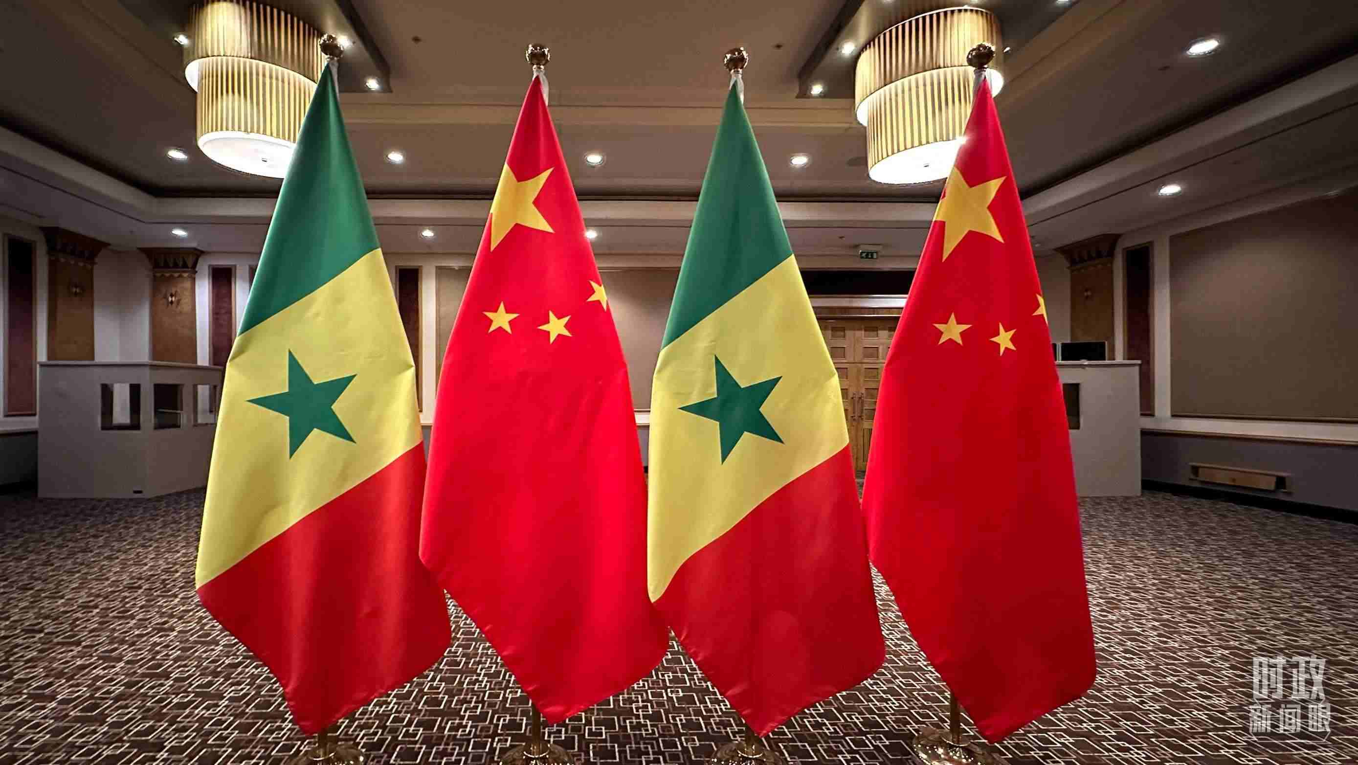 △會見現(xiàn)場的中塞兩國國旗。（總臺央視記者盧心雨拍攝）