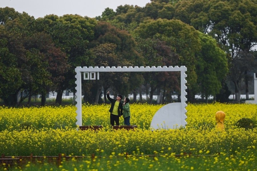  游客在浙江嘉興市秀洲區(qū)王店鎮(zhèn)鎮(zhèn)中村的“青青樂地”農耕文化園內游玩（2023年4月3日攝）。