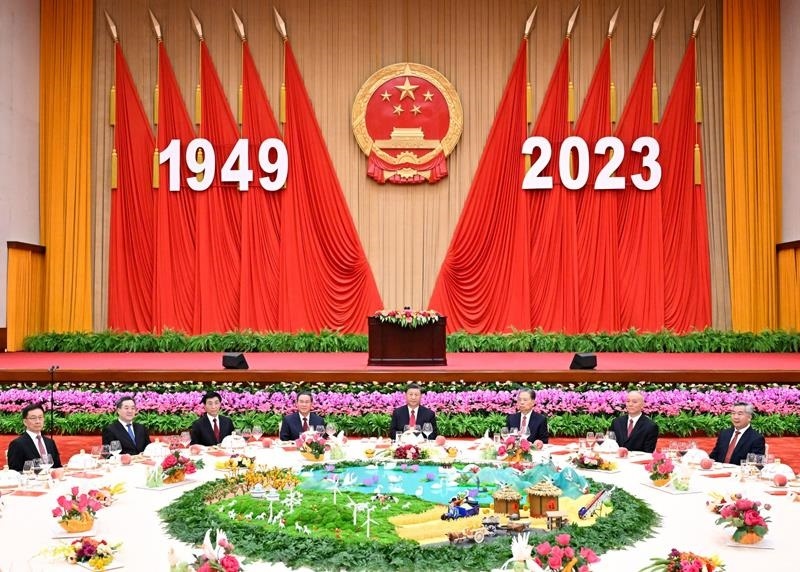 △2023年9月28日，慶祝中華人民共和國成立74周年招待會(huì)在北京人民大會(huì)堂舉行。