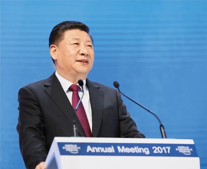 2017年1月17日，習(xí)近平主席在瑞士達(dá)沃斯國(guó)際會(huì)議中心出席世界經(jīng)濟(jì)論壇2017年年會(huì)開(kāi)幕式，并發(fā)表題為《共擔(dān)時(shí)代責(zé)任 共促全球發(fā)展》的主旨演講。