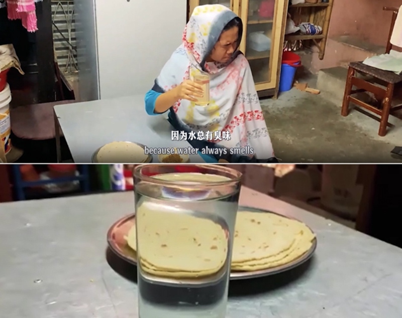 圖為紀(jì)實(shí)短片截圖：上圖為水質(zhì)未改善前，飲用水發(fā)黃渾濁；下圖為水廠建成后，飲用水水質(zhì)明顯改善，清澈透明。