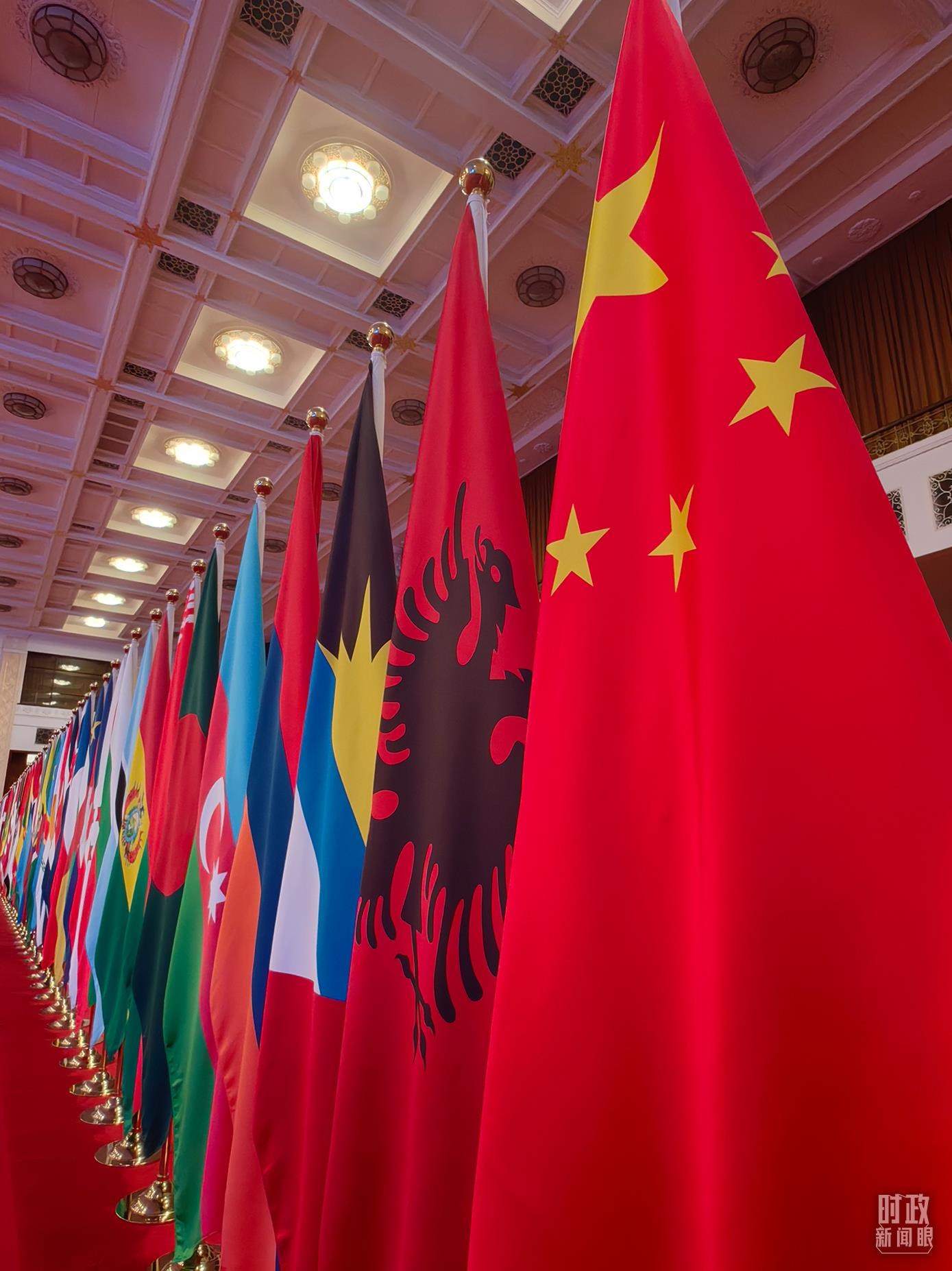 △開幕式會場內(nèi)整齊排列的旗幟。（總臺央視記者楊波拍攝）