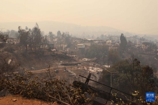 這是2月3日在智利瓦爾帕萊索大區(qū)比尼亞德爾馬市拍攝的在森林火災(zāi)中燒毀的房屋。新華社發(fā)