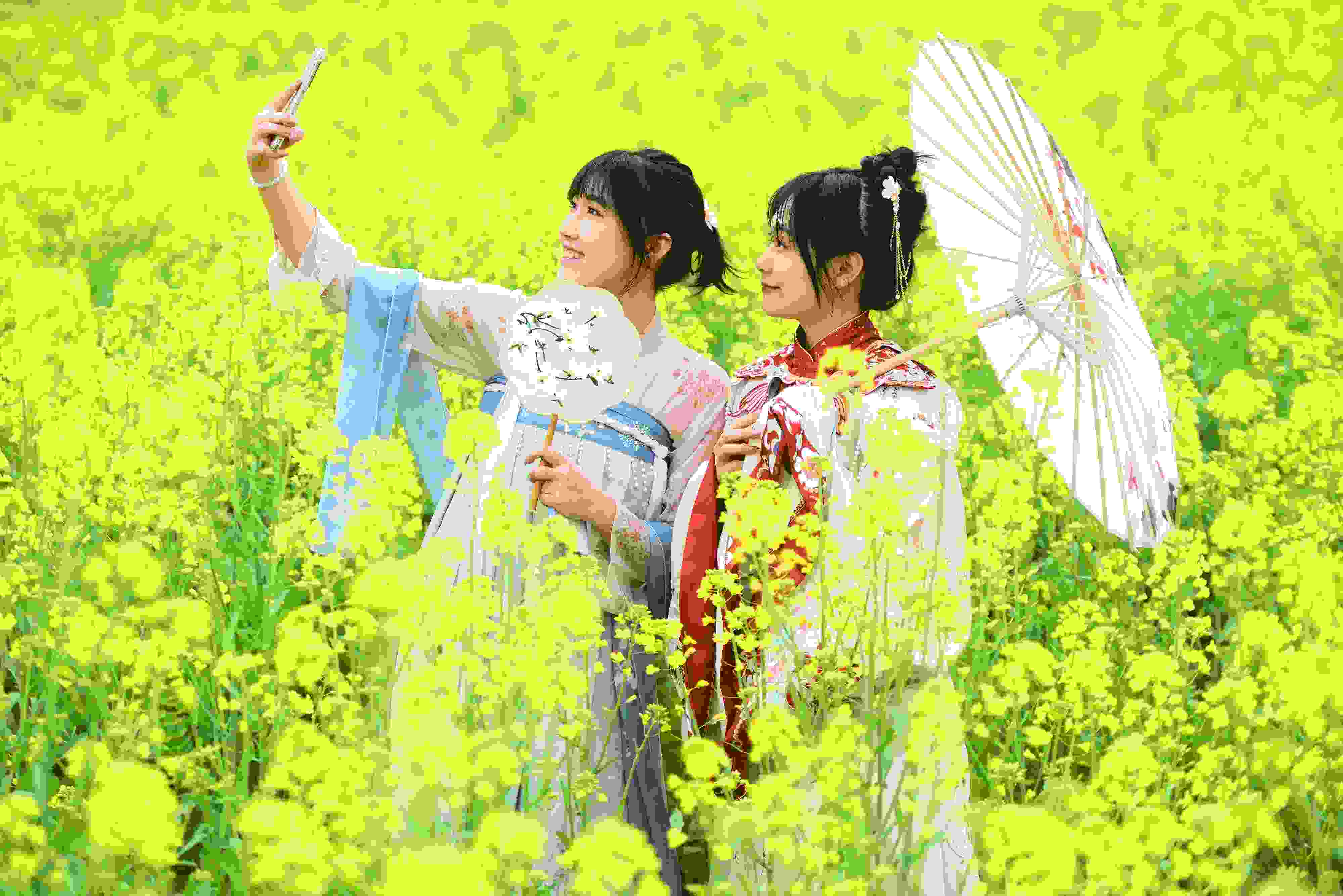 △ 2024年2月16日，廣西賀州，在富川瑤族自治縣麥嶺鎮(zhèn)三民村，游客在油菜花田間賞花拍照。