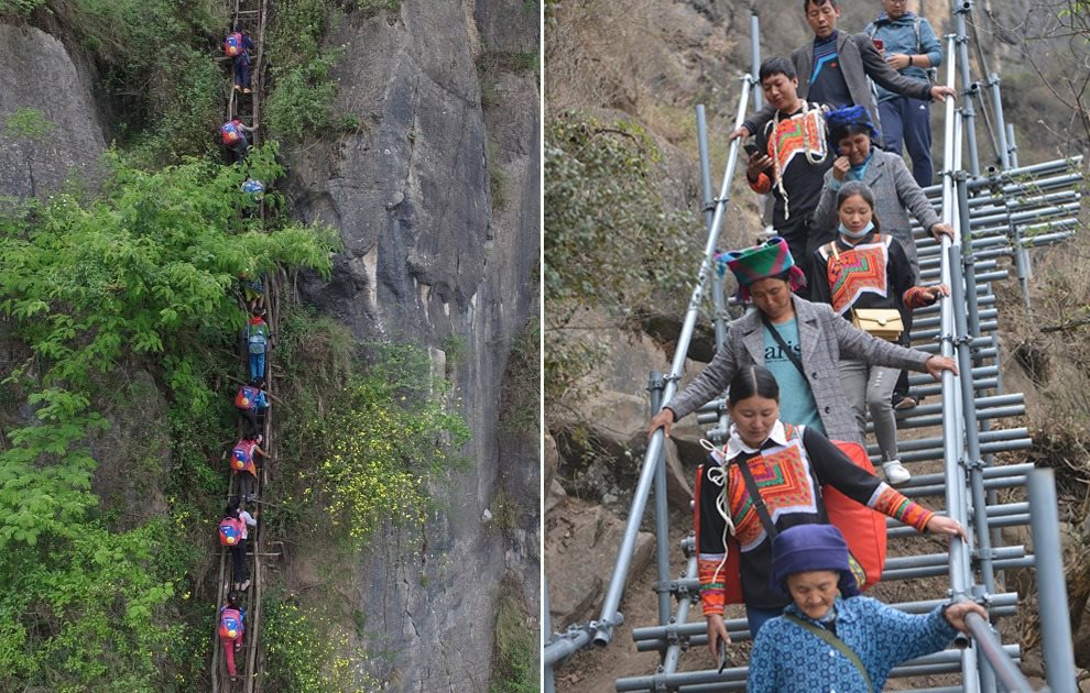 “懸崖村”今昔對(duì)比：左圖為2016年5月14日，“懸崖村”的孩子們攀爬木梯回家。右圖為2020年5月13日，“懸崖村”村民帶著行李通過鋼梯下山，搬遷至易地扶貧集中安置點(diǎn)的新家。