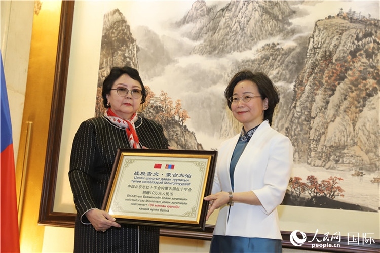 沈大使向?qū)殑跔柆敚ㄗ螅┟貢L轉(zhuǎn)交捐款。人民網(wǎng)記者 霍文攝