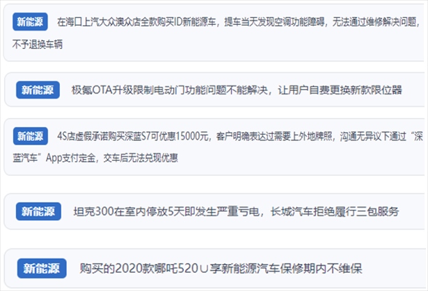 “人民投訴”用戶吐槽新能源汽車功能障礙多發(fā)、升級后配套服務跟不上、虛假優(yōu)惠、保修期內(nèi)不維保的問題。（“人民投訴”平臺截圖）