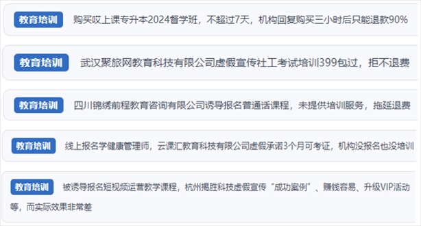 “人民投訴”用戶舉報機構虛假宣傳包過包拿證、虛假承諾收益效果、課程服務貨不對板、退款難等在線教培亂象。（“人民投訴”平臺截圖）