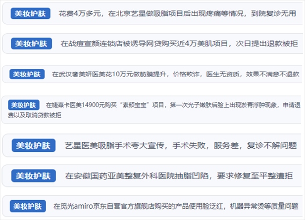 “人民投訴”用戶舉報醫(yī)美未達預期效果或?qū)е律眢w損傷退款遭拒、機構及服務人員虛假資質(zhì)、被誘導高額醫(yī)美貸、網(wǎng)購美容儀器質(zhì)量不過關等問題。（“人民投訴”平臺截圖）
