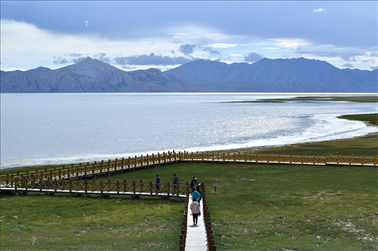 △ 游客行走在青海瑪多縣冬格措納湖畔的木棧道上。