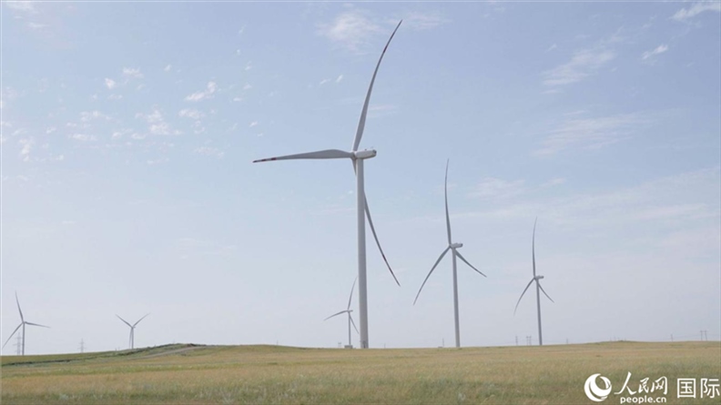 阿克莫拉州風電項目群風機。 人民網(wǎng)記者 葛泰佚攝
