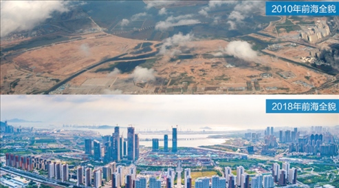 △在前海石公園的前海開發(fā)開放成果展示墻上，一張八年間的前海全貌對(duì)比圖。