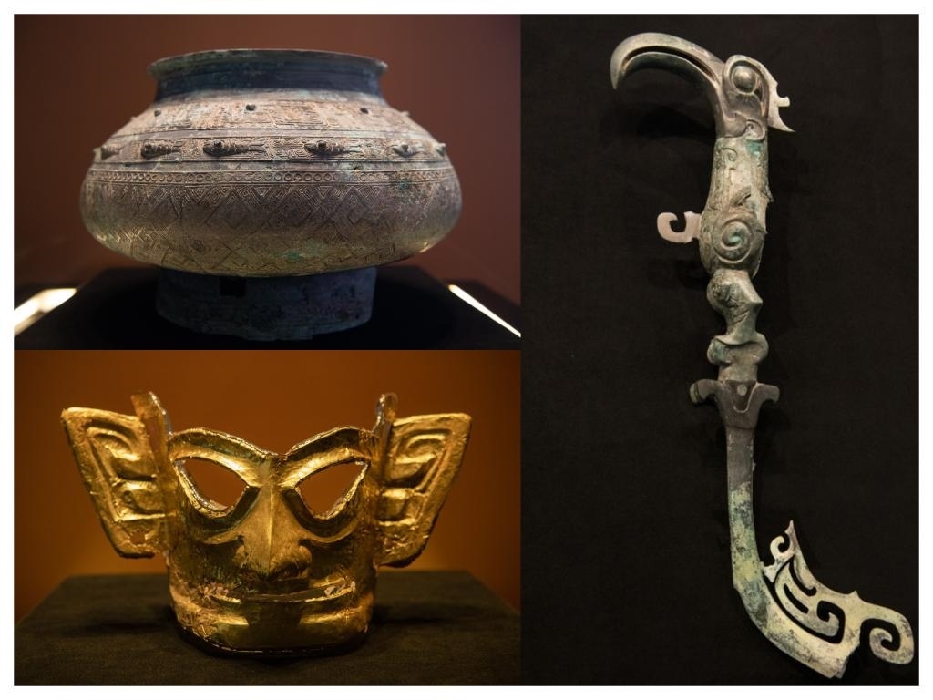 拼版照片：左上圖為青銅瓿，左下圖為黃金面具，右圖為青銅樹枝。新華社記者唐文豪 攝