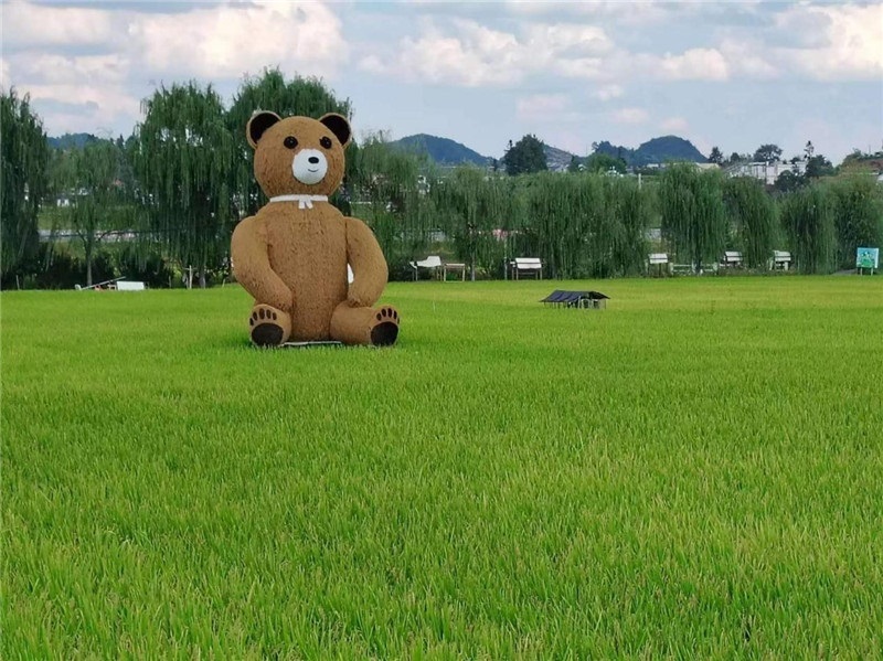 稻穗搖曳，垂柳依依，山嵐多姿，好一幅歲月靜好山鄉(xiāng)恬靜圖。這憨厚俏皮的熊玩偶造型，像是亂入其中，形成現代與傳統(tǒng)、好動與寧靜的反差感，讓人過目不忘，也讓人莞爾一笑。（哈薩克斯坦鳳凰24新聞社總編輯兼首席執(zhí)行官克馬爾·馬山羅攝）