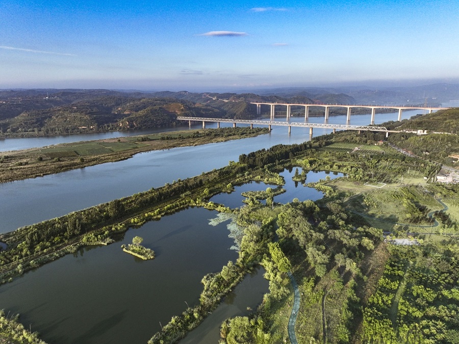 這是2023年8月28日在河南黃河濕地國家級(jí)自然保護(hù)區(qū)濟(jì)源段拍攝的景色（無人機(jī)照片）。新華社發(fā) 苗秋鬧 攝