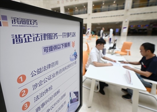 在天津?yàn)I海新區(qū)政務(wù)服務(wù)中心，工作人員在“涉企法律服務(wù)一件事”專區(qū)為市民提供服務(wù)（2024年7月31日攝）。新華社記者 趙子碩 攝