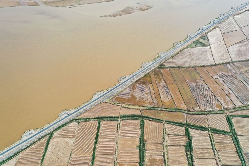 2024年5月26日在內(nèi)蒙古巴彥淖爾市臨河區(qū)拍攝的黃河（無(wú)人機(jī)照片）。巴彥淖爾市位于黃河“幾字彎”北端，擁有富饒的河套灌區(qū)，引黃灌溉面積達(dá)1000多萬(wàn)畝。近年來(lái)，在引黃灌溉工程支撐下，河套灌區(qū)年均糧食總產(chǎn)量達(dá)60億斤以上。