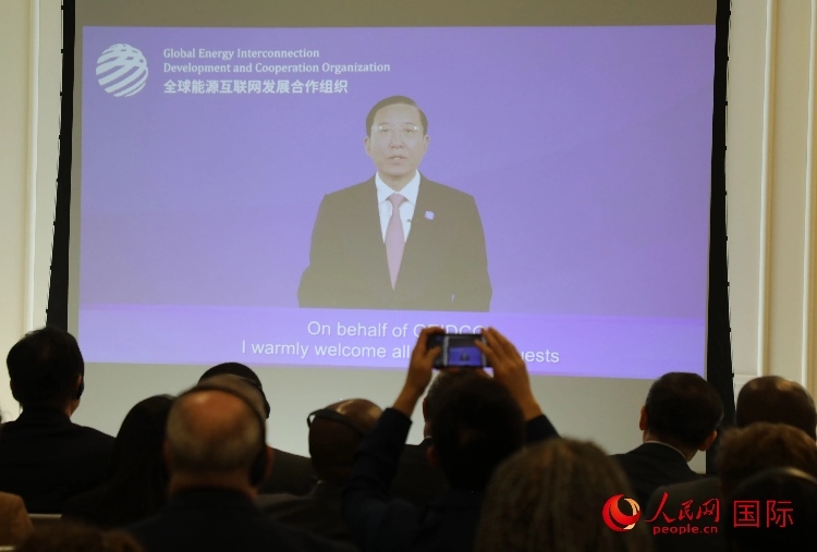 全球能源互聯(lián)網(wǎng)發(fā)展合作組織主席、中國(guó)電力企業(yè)聯(lián)合會(huì)理事長(zhǎng)辛保安通過(guò)視頻方式致辭。人民網(wǎng)記者 李志偉攝