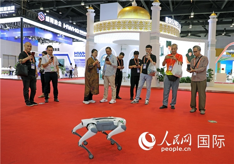 東博會上，觀眾正在參觀一只機(jī)器狗。綠色能源、新能源汽車、綠色農(nóng)產(chǎn)品等成為本屆東博會觀眾關(guān)注的焦點(diǎn)。人民網(wǎng)記者 趙益普攝