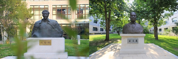 拼版照片：左圖為中央黨校（國家行政學院）校園內的焦裕祿雕塑；右圖為中央黨校（國家行政學院）校園內的谷文昌雕塑。