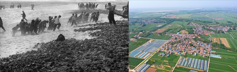 拼版照片：左圖為蘭考群眾在拉淤土壓沙（新華社記者 鄧歷耕 攝）；右圖為2024年4月25日拍攝的蘭考縣張莊村（無人機照片，新華社記者 郝源 攝）。