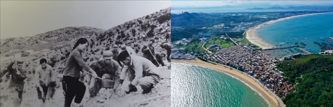 拼版照片：左圖為東山縣群眾在荒山上種植樹苗（資料照片）；右圖為2020年6月18日拍攝的東山縣陳城鎮(zhèn)澳角村附近風光（無人機照片，新華社記者 姜克紅 攝）。