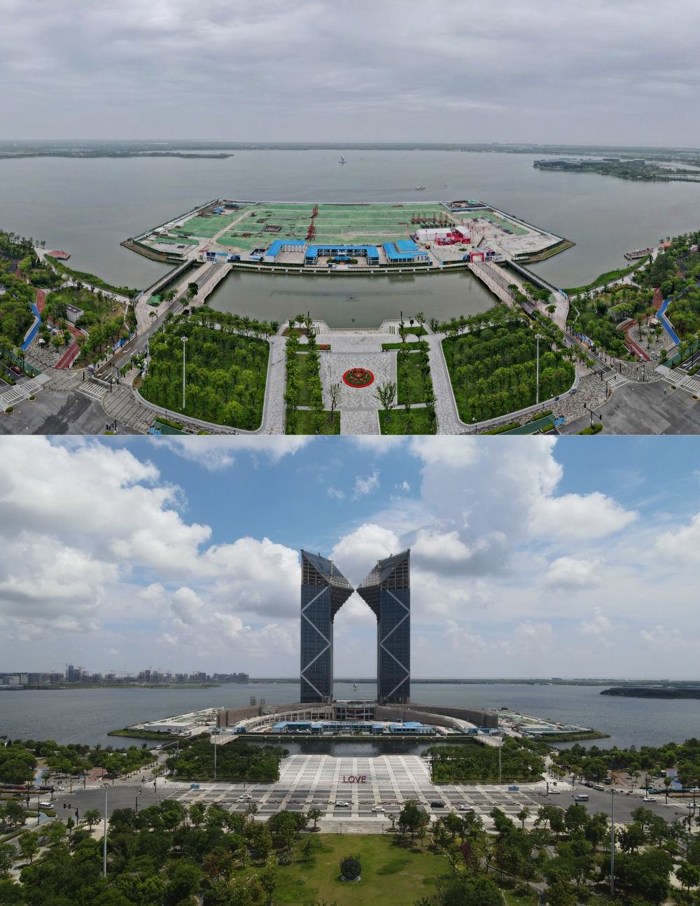 拼版照片：空中俯瞰中國（上海）自由貿(mào)易試驗區(qū)臨港新片區(qū)滴水湖西島中銀金融中心項目現(xiàn)場（上圖為2021年6月20日攝，無人機照片；下圖為2024年8月14日攝，無人機照片）。2019年8月20日，臨港新片區(qū)揭牌成立，一個開放新高地在長江與東海交匯處日益崛起。