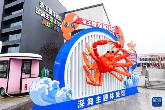 這是9月20日拍攝的位于吉林省琿春市的東北亞跨境電商產(chǎn)業(yè)園內(nèi)的帝王蟹保稅店。新華社記者 許暢 攝