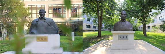 △左圖為中央黨校（國家行政學(xué)院）校園內(nèi)的焦裕祿雕塑，右圖為校園內(nèi)的谷文昌雕塑。