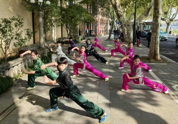 杭州市陳經(jīng)綸體校武術(shù)隊(duì)學(xué)生們展示中華武術(shù)。 人民網(wǎng)記者 楊磊攝