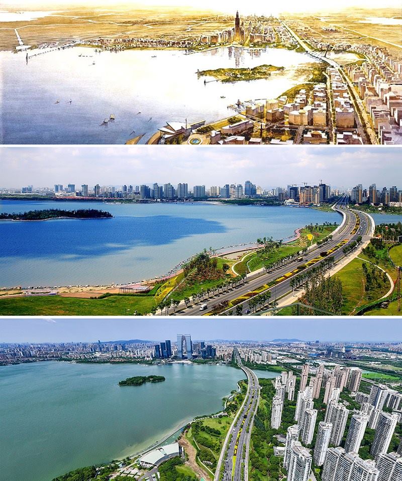 拼版照片：上圖為1994年繪制的蘇州工業(yè)園區(qū)手繪規(guī)劃圖；中圖為2007年拍攝的蘇州工業(yè)園區(qū)；下圖為2023年7月4日用無(wú)人機(jī)拍攝的蘇州工業(yè)園區(qū)。