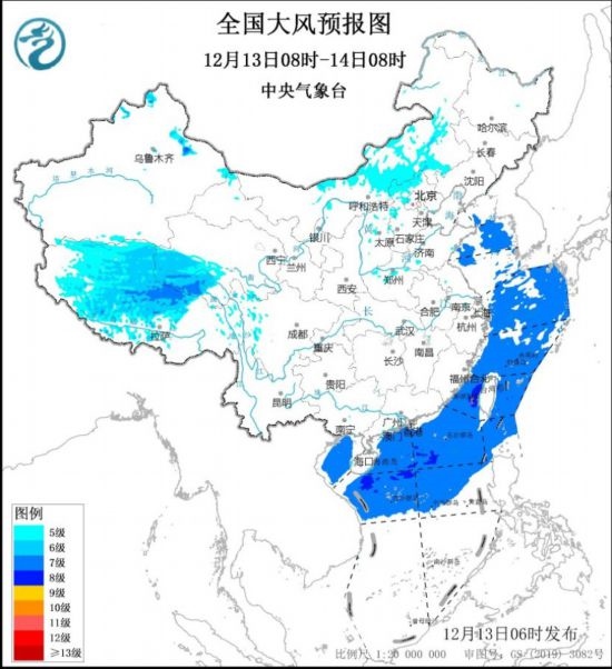 全國大風(fēng)預(yù)報(bào)圖(12月13日08時(shí)-14日08時(shí)) 圖片來源:中央氣象臺網(wǎng)站