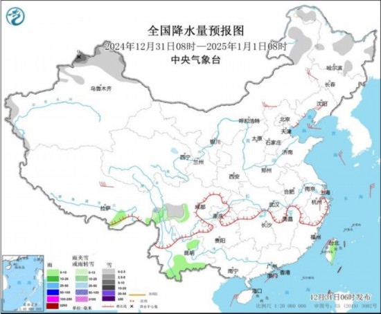 全國降水量預(yù)報(bào)圖(2024年12月31日08時(shí)-2025年1月1日08時(shí))。圖片來源：中央氣象臺(tái)網(wǎng)站