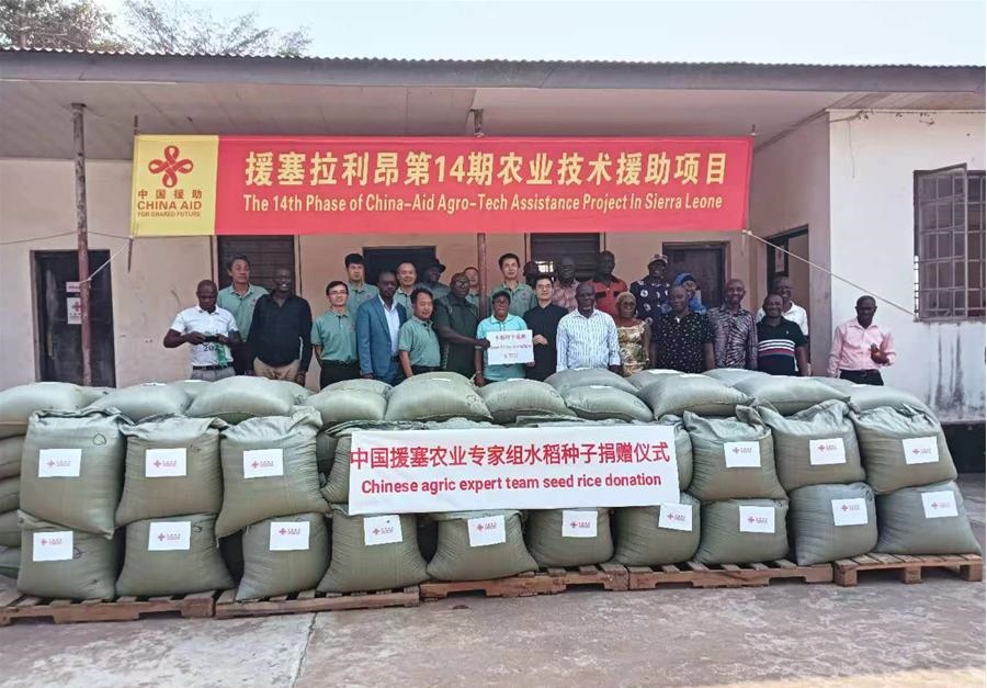 中國援塞拉利昂農(nóng)業(yè)專家組在塞南方省博城舉辦水稻種子捐贈儀式。中國援塞農(nóng)業(yè)專家組供圖