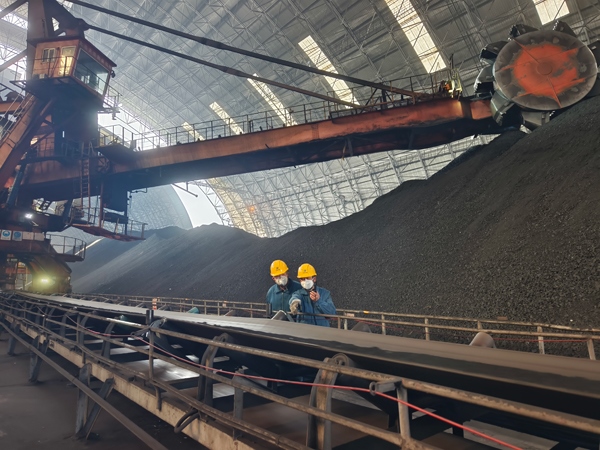 趙善國(guó)（右）和同事對(duì)電廠煤場(chǎng)進(jìn)行巡檢。受訪者供圖