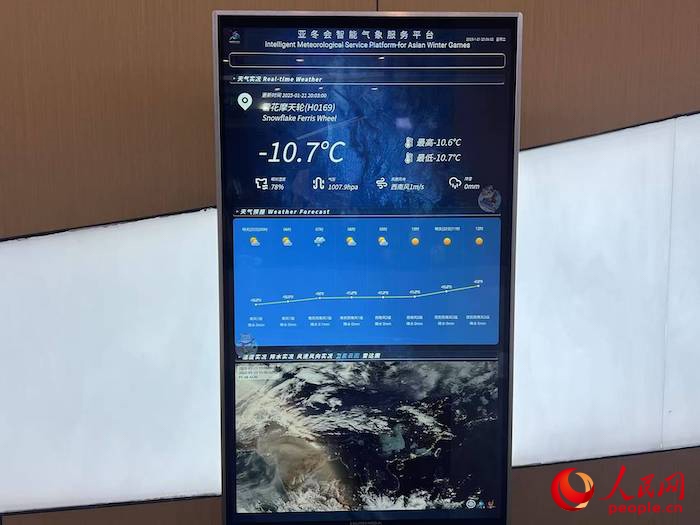 摩天輪等候大廳實時顯示的氣象信息。人民網(wǎng) 高清揚攝
