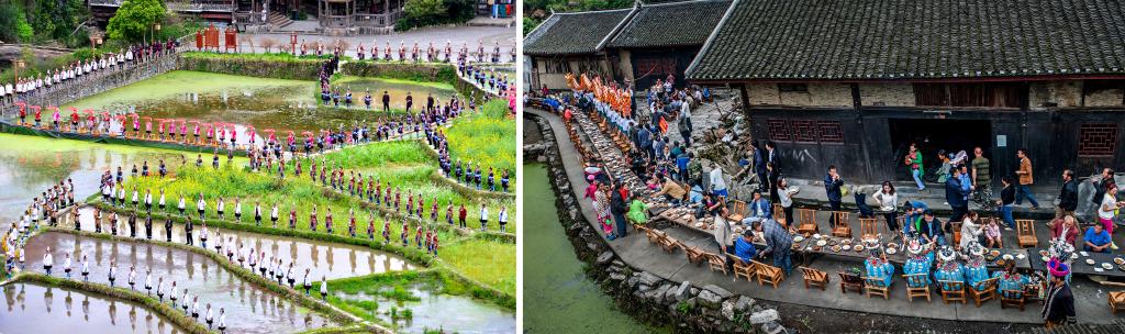 左圖：近期，人們在黎平縣肇興侗寨的田園里演唱侗族大歌（黎平縣委宣傳部供圖）；右圖：這是2023年拍攝的十八洞村長桌宴（湘西州委宣傳部供圖）。