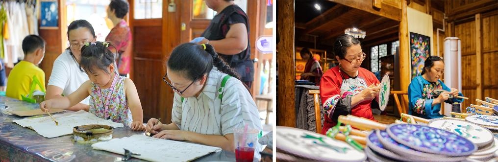 左圖：近期，游客在黎平縣肇興侗寨體驗非遺蠟染藝術(shù)（黎平縣委宣傳部供圖）；右圖：這是2024年拍攝的繡娘在十八洞村梨子寨苗繡鄉(xiāng)村振興示范基地制作苗繡產(chǎn)品（湘西州委宣傳部供圖）。