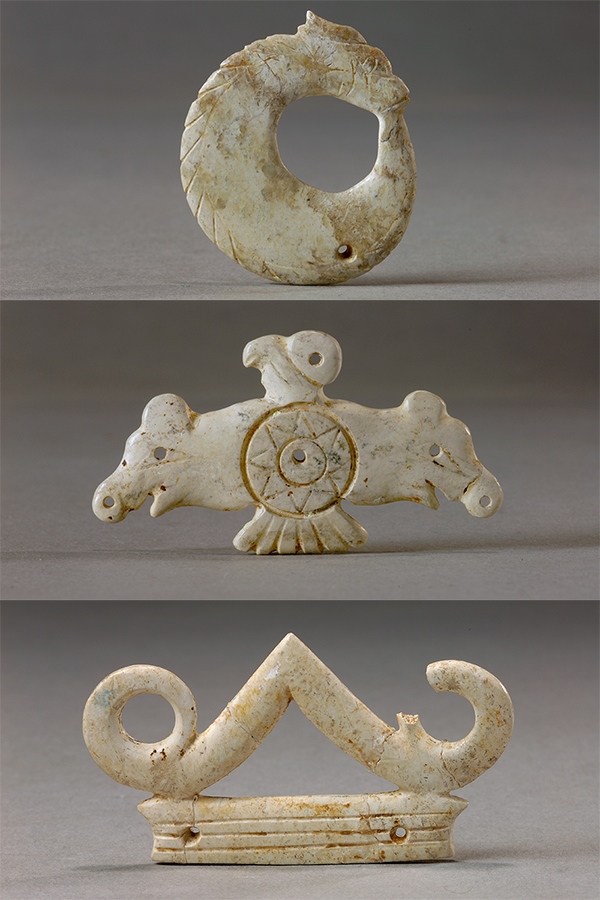 玉龍（上）、玉鷹（中）和玉冠飾（下）。國家文物局供圖