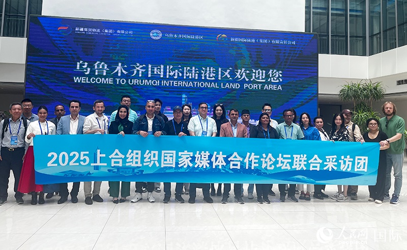 5月26日，外國媒體人在烏魯木齊國際陸港區(qū)合影留念。 人民網記者 翟轉麗攝