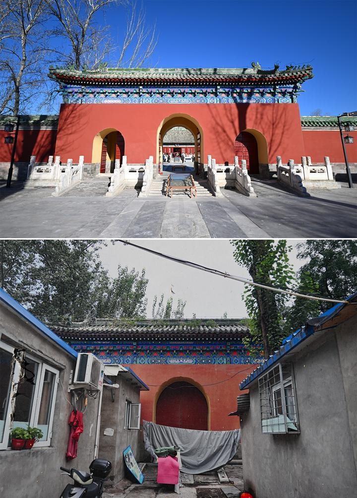 位于先農(nóng)壇內(nèi)的慶成宮，曾長時間被雜亂的民居占據(jù)。在北京中軸線申遺保護(hù)工作的帶動下，北京完成了慶成宮區(qū)域文物征收騰退、非文物建筑拆除、彩畫保護(hù)、本體修繕、展覽布陳等，讓560多年歷史的古建群重新回歸。2024年12月，北京中軸線上先農(nóng)壇內(nèi)的慶成宮首次面向社會公眾開放。上圖為騰退修繕后的慶成宮內(nèi)宮門（資料照片）；下圖為翻拍的慶成宮內(nèi)宮門騰退修繕前的資料照片（2024年12月21日攝）。